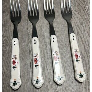Set Of 4 Vintage Pfaltzgraff Snow Village Dinner Forks Acrylic Handle
